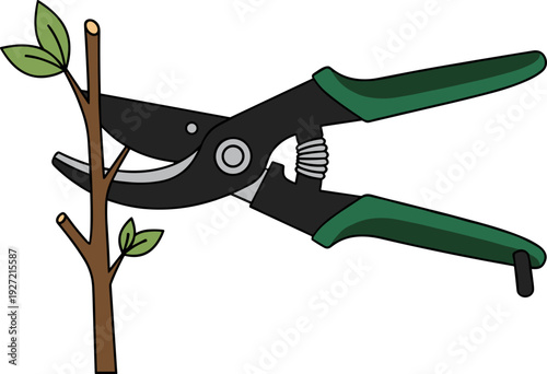 Gardening tools with pruning shears cutting a branch  
