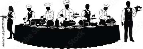 Elegant catering service silhouette depicting chefs waiters and servers arranging food on a buffet table on transparent background high quality professional