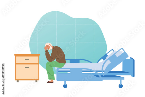 Upset elderly man sits on bed in medical room with head down. Vector illustration about old age and medical care and support.