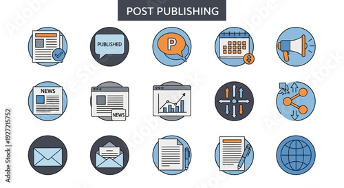 Set of flat line icons for post publishing and digital marketing