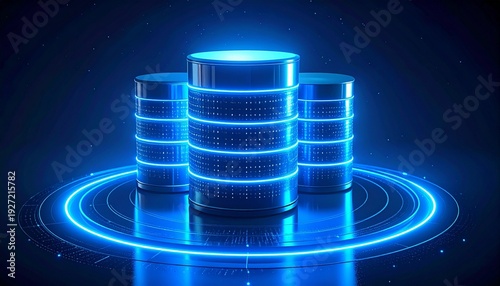 Futuristic glowing cylindrical database stack with blue rings on dark background, symbolizing cloud storage, data flow, and digital connectivity.