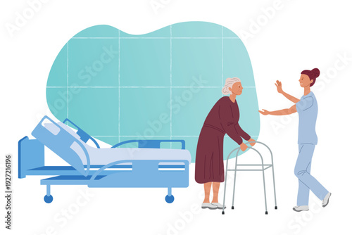 Nurse and elderly grandmother with walker in medical room. Hospital bed, medicine, support. Vector illustration.