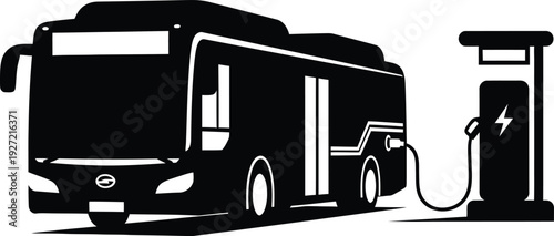 Black and white silhouette of an electric bus charging at a station showcasing sustainable transport on transparent background high quality professional