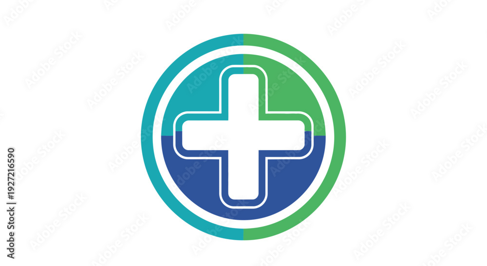 Fototapeta premium White cross inside a blue and green gradient circle logo.