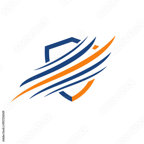 Abstract shield with swooshing lines in blue and orange.