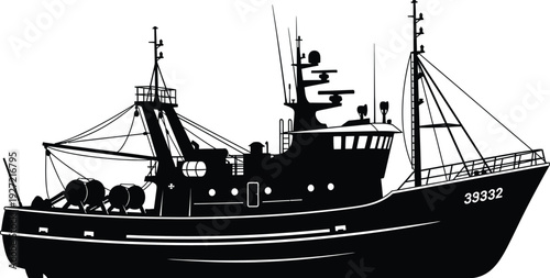 A detailed black silhouette of a fishing trawler ship with masts cables and deck details on transparent background high quality professional