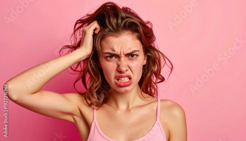 A woman showing frustration and discomfort, itching her head on a pink backdrop