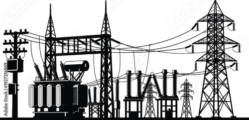 Detailed black silhouette of power lines transformers and electrical towers on transparent background high quality professional detailed modern elegant stylish clean