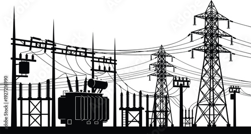 Black silhouette of power lines transformers and electrical towers against a stark white background on transparent background high quality professional detailed