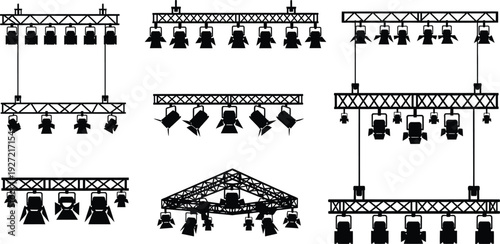 Various stage lighting rigs and structures showcasing different configurations on transparent background silhouette high quality professional detailed modern elegant stylish clean