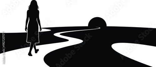A solitary woman walking along a winding path towards a circular shape presented as a striking black silhouette on transparent background