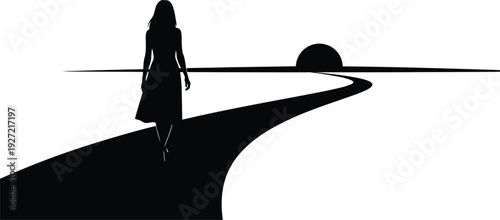 A black silhouette of a woman walking along a winding path towards a distant sunrise on transparent background high quality professional