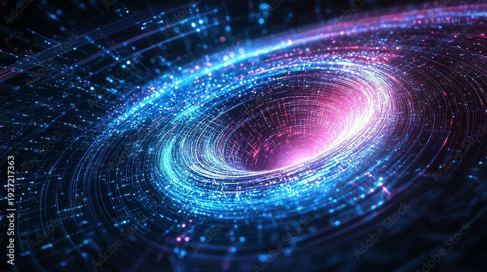 Obraz premium A vibrant digital illustration of a swirling purple and blue galaxy with bright lights and grid patterns