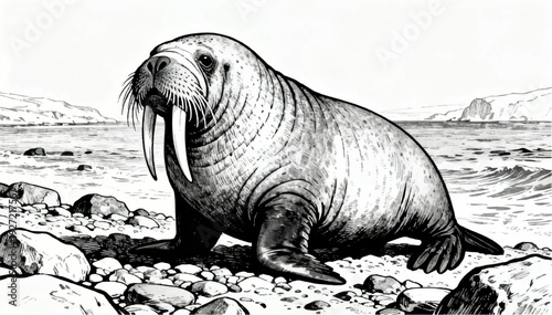 A flat vector black and white illustration of a walrus drawn with graphite pencils on a white background.