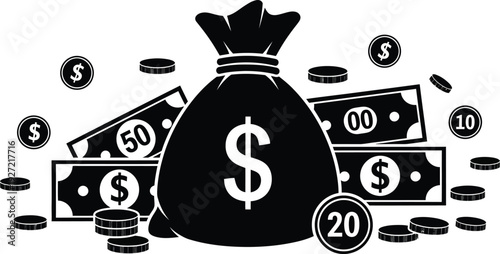 A black and white silhouette of a large money bag surrounded by coins bills and currency on transparent background high quality