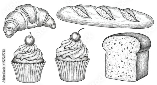 Black and white of baked goods including a croissant baguette cupcakes and sliced bread