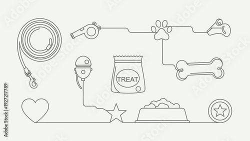 Minimalist line art illustration of essential dog accessories and pet care items.