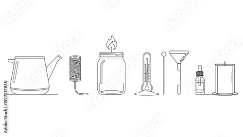 Minimalist vector illustration of candle making supplies and tools for DIY crafts.