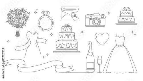 Wedding icons collection: rings, dresses, cakes, bouquet, camera