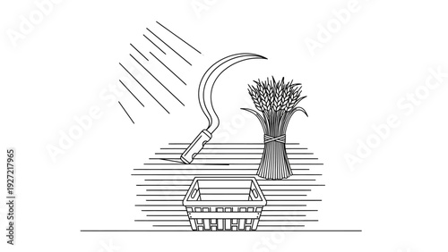 A simple line art illustration of a sickle, wheat bundle, and basket, representing harvest.