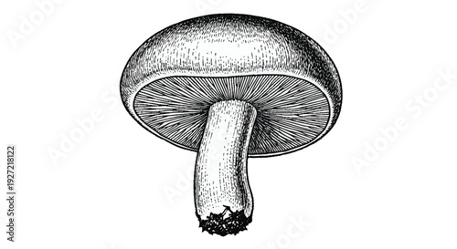 Black and white of mushroom with rounded cap and thin stem fungus