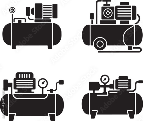 Air Compressor Icons, Tools for Inflation, Power, and Industry