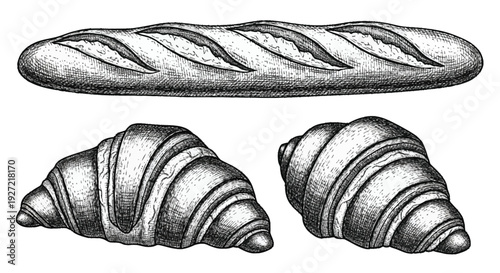 Black and white of a loaf of bread and two croissants pastry baked goods