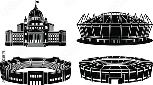 Monochrome architectural silhouettes of a capitol building stadium amphitheater and circular structure on transparent background high quality professional detailed modern elegant