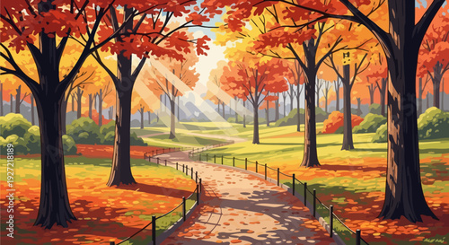 Autumn Trees with Vibrant Foliage and Pathway.