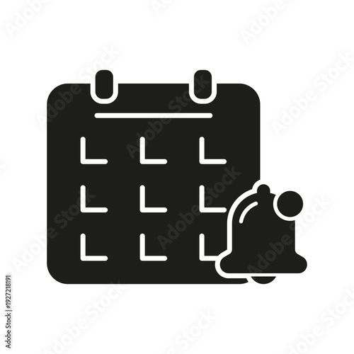 Calendar With Notification Bell Solid Icon. Event Reminder And Scheduling Silhouette Symbol. Time Management And Alert System Graphic. Isolated Vector Illustration