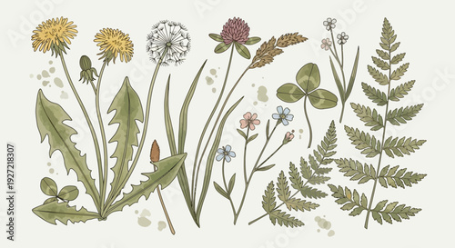 Collection of Wildflowers and Foliage Botanical Illustration.