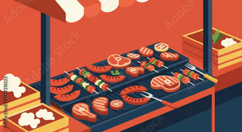 An isometric vector illustration of an outdoor market food stall displaying a grill filled with assorted steaks, sausages, and vegetable skewers.