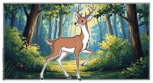 Deer Running in Forest Illustration.