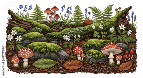 Colorful Mushrooms and Fungi in Forest.