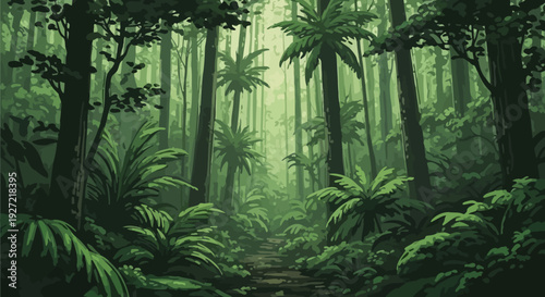 Dense Forest with Tall Trees and Foliage.