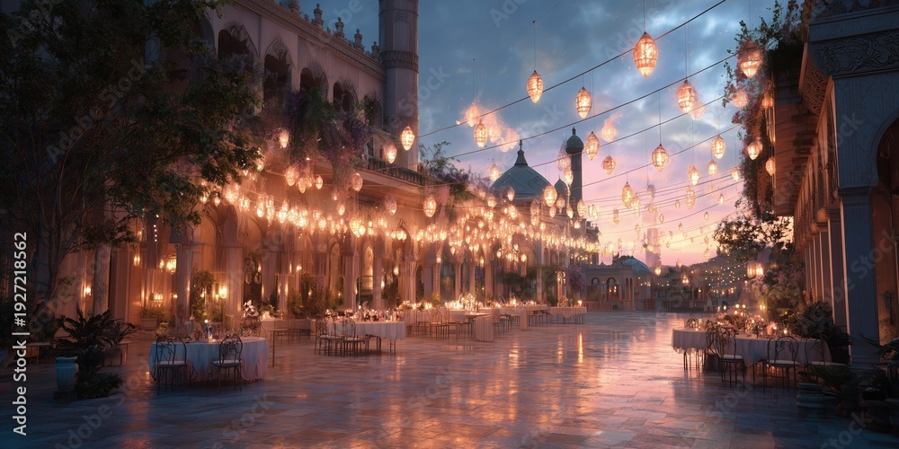 Fototapeta premium Evening gathering with lanterns and tables in a historic courtyard
