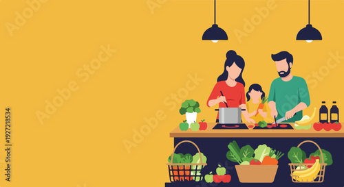 A happy family of three, parents and a child, are cooking together in a kitchen, surrounded by fresh fruits and vegetables.