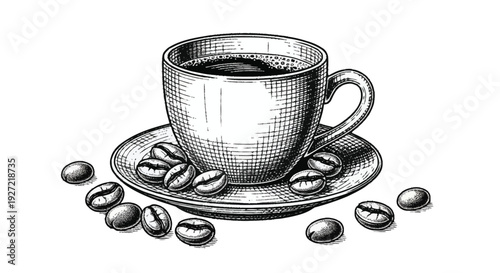 Black coffee cup on saucer with coffee beans black and white