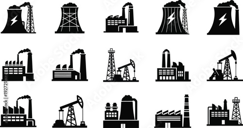 A collection of industrial icons depicting factories power plants oil rigs and electrical towers presented as a silhouette on transparent background