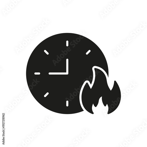 Clock With Fire Solid Icon. Time Management, Urgency, And Deadline Pressure Silhouette Symbol. Quick Task Completion And Efficiency. Isolated Vector Illustration