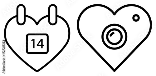 Vector linear icons of heart calendar with date 14 and camera device