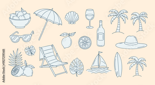 Summer Beach Icon Collection – Minimalist Tropical Vacation Doodle Set