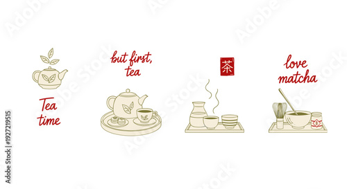 Tea Time Vintage Illustration Set – Hand-Drawn Teacups and Cozy Moments Collection