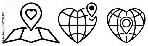 Set of map and globe icons with heart shaped location pins