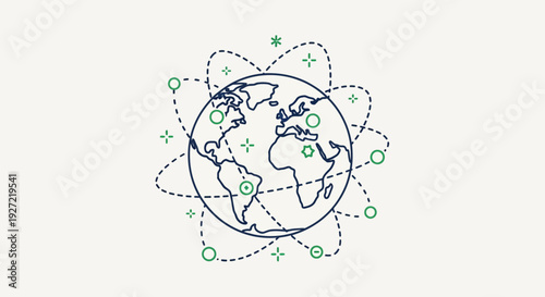 Minimalist global network communication icon with world map and orbiting connections.