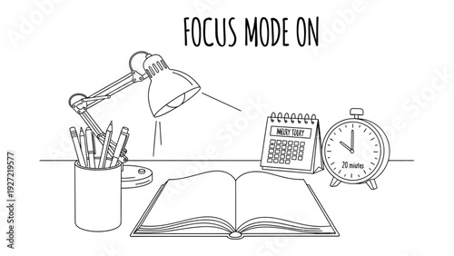 Focus Mode Activated: A meticulously arranged desk scene, featuring a desk lamp illuminating an open book and stationery, along with a calendar and alarm clock, all set against a clean backdrop.