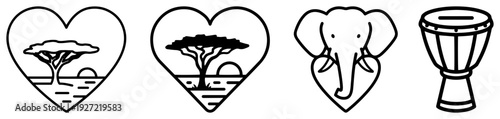 Set of african safari icons including elephant and acacia tree in heart