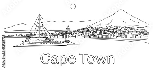 Cape Town city skyline with Table Mountain and sailboat in linear style