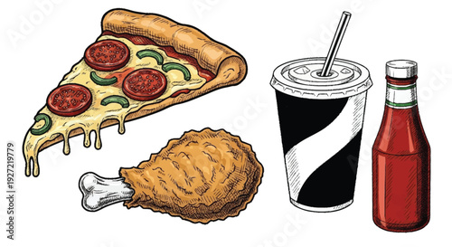 Of pizza slice fried chicken leg soda and ketchup bottle cheese pepperoni jalapeño