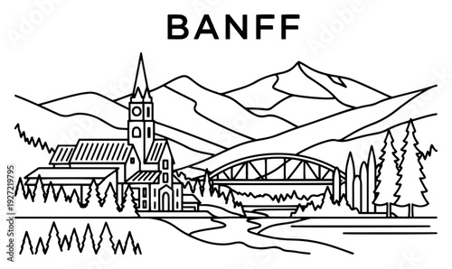 Vector linear illustration of Banff National Park landscape with mountains
